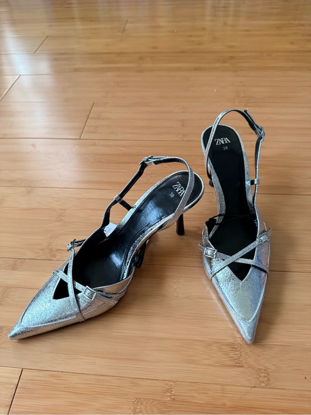 NEW! Zara - Pointed Slingback Heels with Crisscross Straps - Silver - Size 7.5